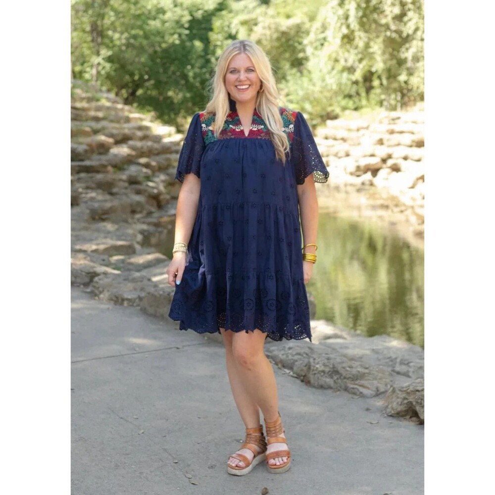 Layerz Clothing Navy Blue Eyelet Floral Embroidered XXL Dress 2XL